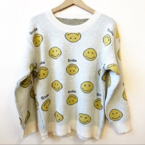 Happy Face Graphic Cozy Knit Pullover Sweater Long Sleeves Soft Knit One Size - Picture 1 of 3